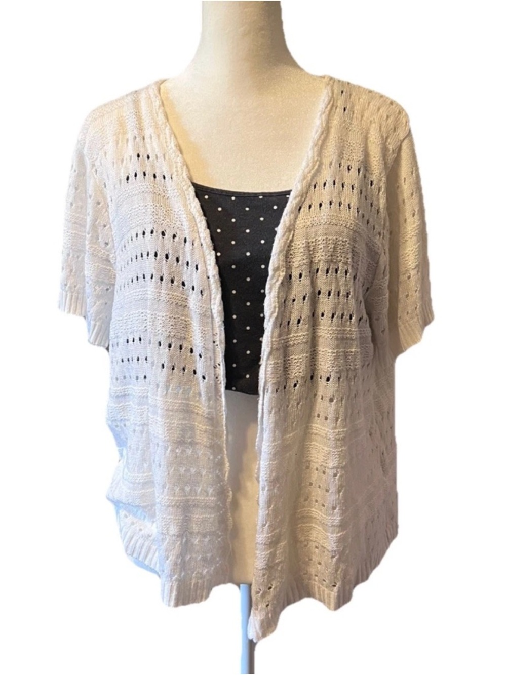 Laura Scott White Crochet Knit Short Sleeve Cardigan Sweater Women’s Size XL